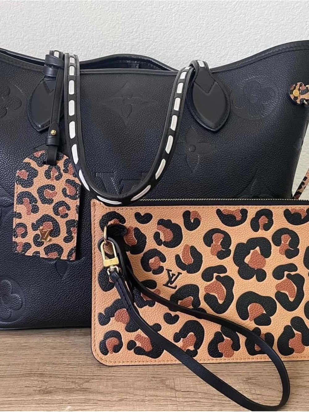 Louis Vuitton Black Tote with Leopard-Print Pouch